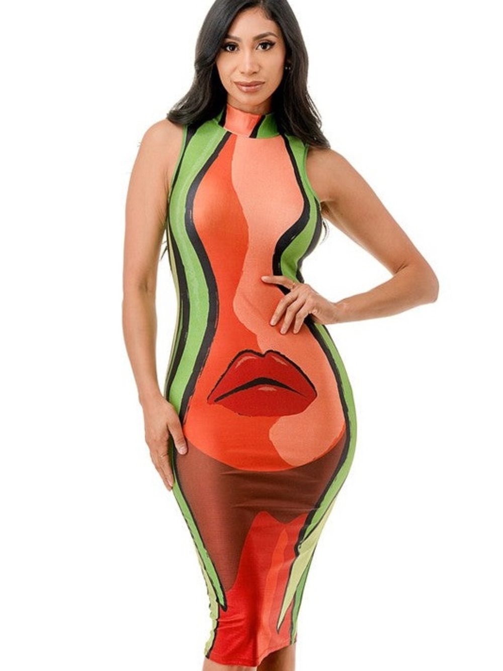 Lip Grapic Multi Print Sleeveless Mock Neck Midi Dress